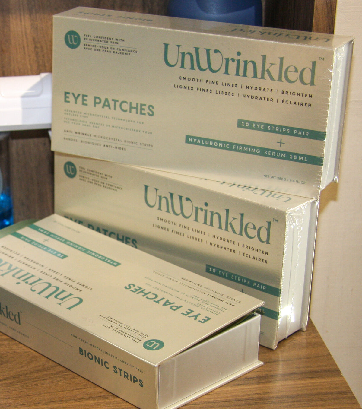 Eye Patches and Bionic Strips cartons stacked