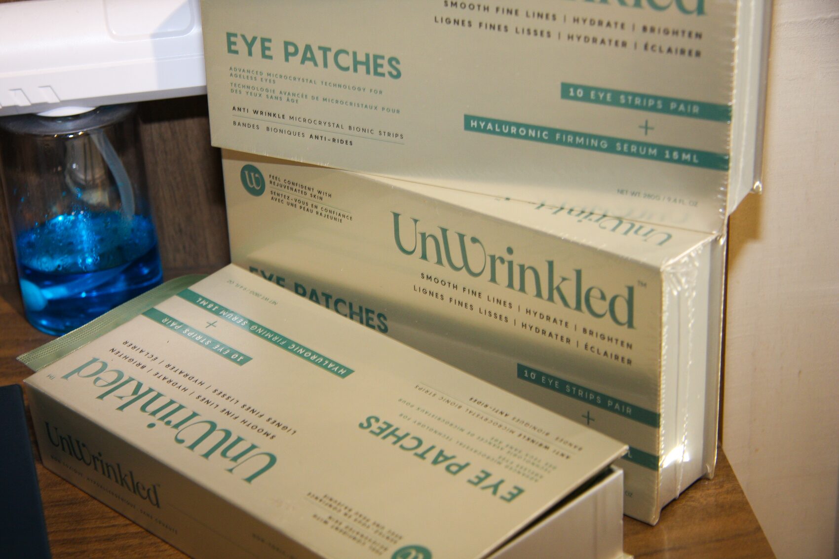 Eye Patches cartons stacked in the salon